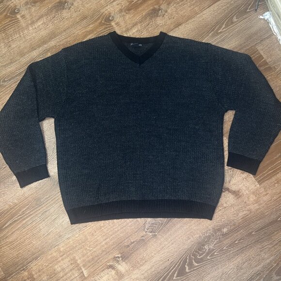 Vintage Knightsbridge Mens Sweater Dark Gray  V Neck Large Wool Blend FISHERMAN - Picture 1 of 11